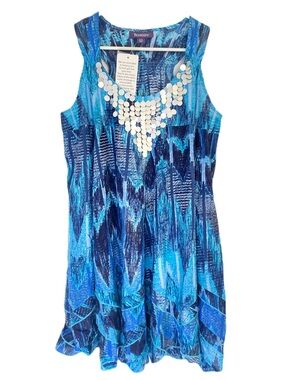 Roaman's 16W Sleeveless Blue Tie-Dye, Embellished Asymmetrical Ruffle Tunic
